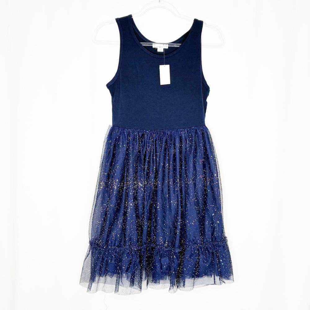 Knitworks Dark Blue Sparkly Tulle Tank Top Dress Girls 16 **FLAW